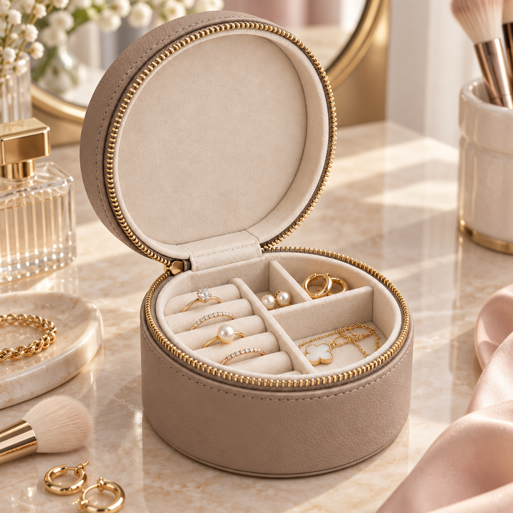 Taupe Round Travel Jewelry Case — view 2