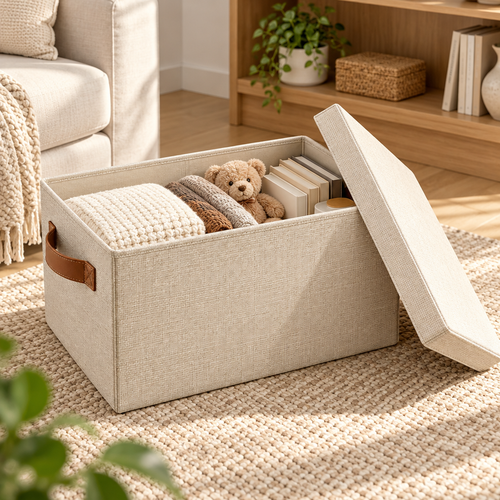 Cream Fabric Storage Box with Lid — view 2